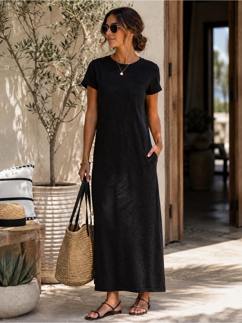 ATM Anthony Thomas Melillo Slub Cotton T-Shirt Maxi Dress Black M